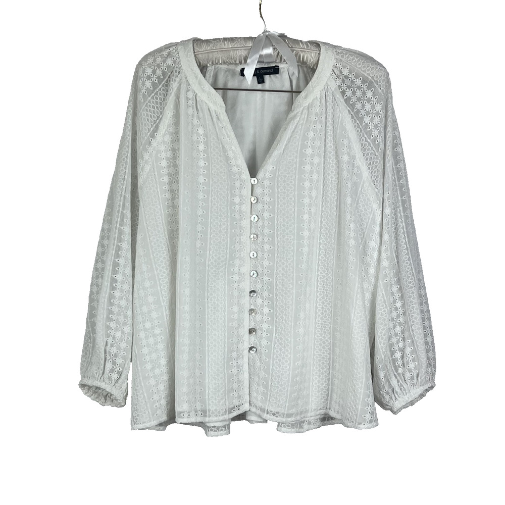 Supply & Demand Womens Size L White Eyelet Lace Long Sleeve Blouse Top Oversized - Picture 2 of 14